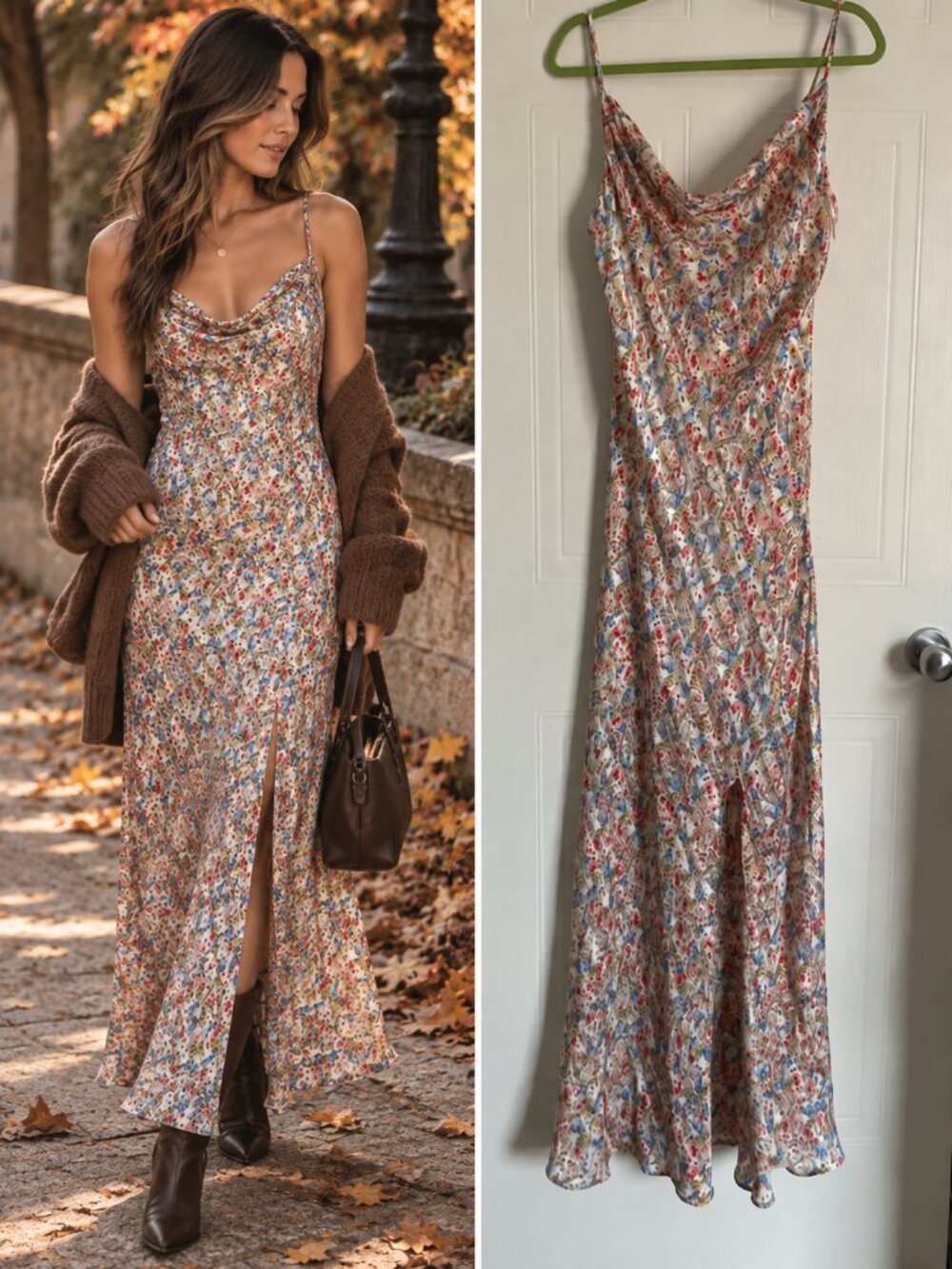 Sage White Floral Satin Cowl Neck Maxi Slip Dress Romantic Boho Feminine L